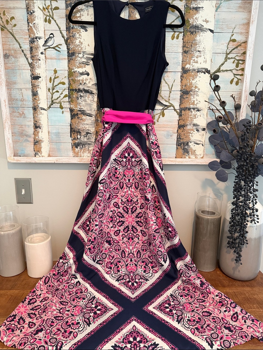 Jessica Howard Pink and Navy Printed Maxi Dress with Hot Pink Sash